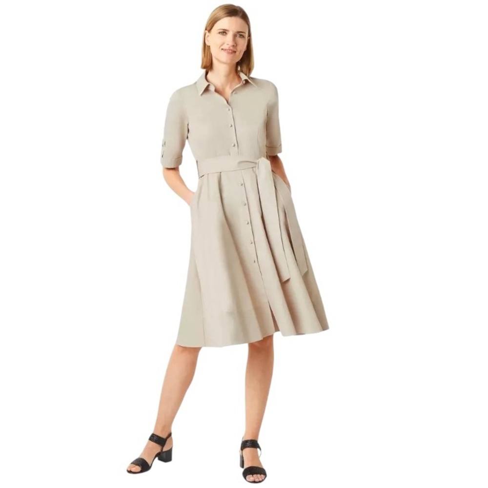 Hobbs Women’s Cream Tyra Fit & Flare Shirt Sleeve Midi Shirt Dress Sz 2 Preppy